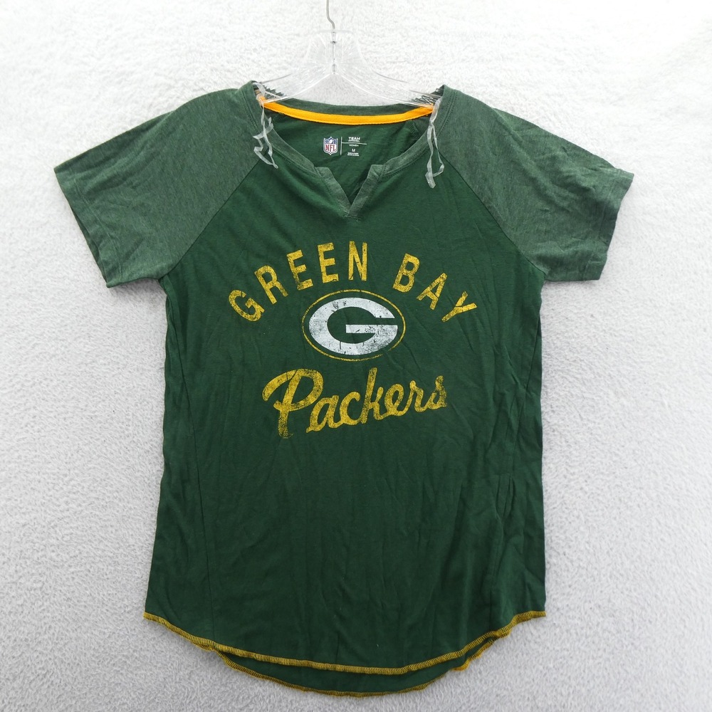 NFL Apparel Shirt Women Medium Green Bay Packers Green Raglan Short Sleeve VNeck